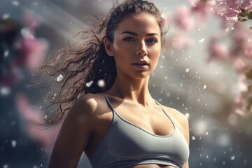 Poster - A woman in a sports bra top standing in the rain. Suitable for fitness or weather-related concepts