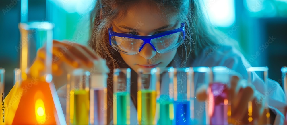 Young girl conducting experiments in a science laboratory with test ...