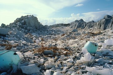 Poster - Pile of trash on rocky beach, suitable for environmental issues concept