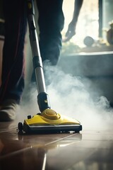 Wall Mural - A person cleaning tiled floor with steam mop. Suitable for cleaning product advertisements
