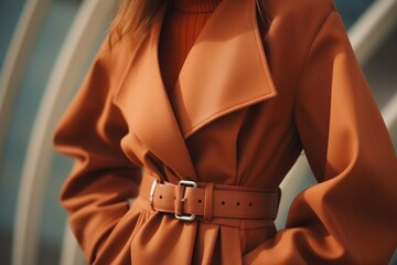 A woman wearing a brown coat and belt. Suitable for fashion or autumn-themed projects