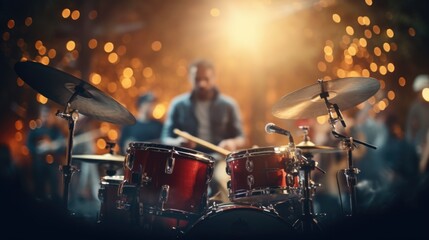 Aufkleber - A man playing drums in front of a band. Ideal for music event promotions