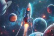 An image of a rocket flying in space around the planets. A 3D rocket icon. Realistic creative conceptual symbols. Logo ship. Launch business product on market.  image.