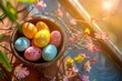 Happy Easter Eggs Basket arrangement. Bunny hopping in flower texturing decoration. Adorable hare 3d Floral arrangement rabbit illustration. Holy week easter hunt ascension card contemporary