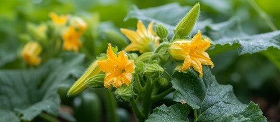 Sticker - A close up of a terrestrial plant with bright yellow petals and lush green leaves. This flowering herbaceous plant is a beautiful wildflower.