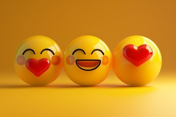 Poster - A set of 3D smile icons.  illustration. Yellow glossy smile face with heart eyes. Emoticons. Pack 39.