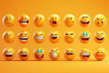 Aufkleber - Set of 30 realistic yellow gloss 3d emotions emojis. Includes a surprised face, romantic image, loud laughter, nervous experience, calm and sound.  illustration.