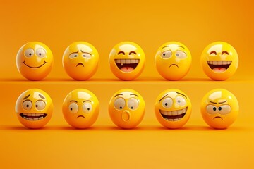 Aufkleber - Pack 30. Yellow Glossy 3D Emoticons that show surprised, romantic, loud laughter, nervous experience, and calm emotions.