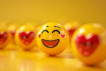 Sticker - Yellow Glossy 3d Emotions Pack 39.  Illustration of Happy Face, Hearts, and Love Eyes. Emoticons collection.