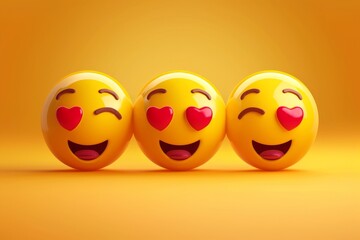 Poster - Happy Emoji Set. Realistic Yellow Glossy 3d Emotions Happy face, love eyes. Emoticons collection. Pack 39.  illustration.