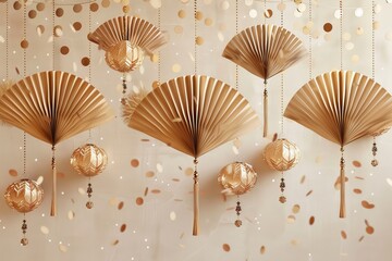 Aufkleber - Traditional Holiday Lunar New Year. Traditional Hanging Shining Lantern, Oriental Asian style paper fans. Beige background realistic fan flowers craft party decoration. Gold glitter confetti.