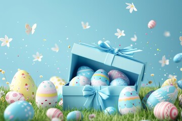 Wall Mural - Easter day design. Realistic blue gift boxes. Holiday banner, web poster, flyer, stylish brochure, greeting card, cover. Spring Easter background.