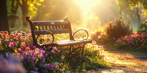 Wall Mural - art bench and flowers in the morning in an english park