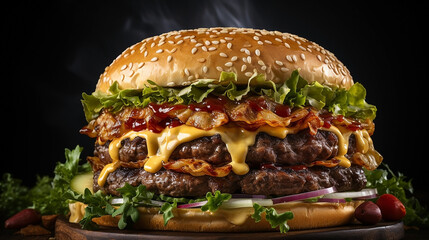 Wall Mural - Close-up food photograph of a burger with full of vegetables and meat in dark background  