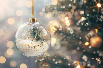 Leinwandbilder - Background with Xmas ornaments. Holiday ball with snow inside. Transparent ball hung on gold ribbon with gold glitter confetti. 3D  illustration.