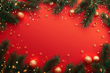 Wall Mural - A Christmas border with fir branches and ornaments on red background. Realistic 3d design. Festive light garlands and gold confetti.