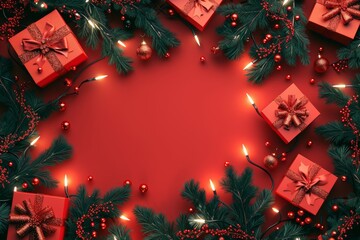 Sticker - Xmas red background with realistic 3D decorative design elements. Festive Xmas composition flat top view of present boxes, glowing garland decorations, and tree branches.  illustration.