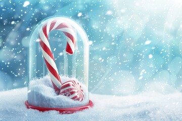 Sticker - Merry Christmas and Happy New Year in transparent glass snow dome inside candy cane lying in snowdrift. Realistic 3d design in cartoon plastic style.  illustration.