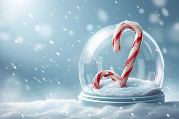 Sticker - In this Christmas winter background, the candy cane inside the transparent glass snow dome lies in a snowdrift. A realistic 3D design in cartoon plastic style is used to create this illustration.