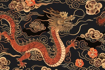 Wall Mural - An elegant Chinese New Year illustration that can be used for a cover, banner, website or calendar. Year of the dragon design with cloud, wind, flower and pattern.