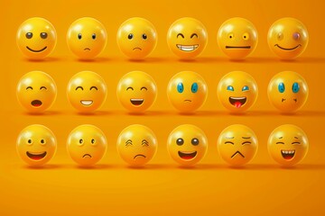 Sticker - Set of 30 colorful smile emojis with realistic yellow gloss finish. Pack 30 of yellow glowing emojis with real-life sensations of surprise and happiness.