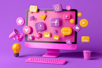 Poster - Messages Internet social networks mockup blank monitor. Realistic 3D design. Send Messages Internet social networks. Purple background.  illustration.