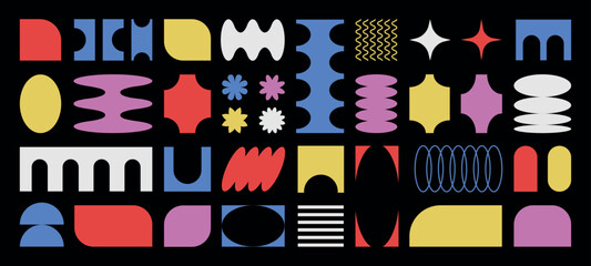 Poster - Abstract retro shapes, basic brutal forms and figures in Y2K aesthetics, vintage stickers, logos, labels. Decorative design elements, vector illustration.