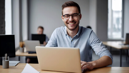 Portrait of happy man in office, typing on laptop and planning online research for creative project at digital agency. Internet, website and networking, businessman with smile and computer for email