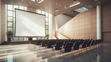 Fototapeta Krajobraz - Spacious modern conference hall with empty seats, a huge projector screen, and ample natural lighting.