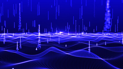Poster - Animated particle wave. Futuristic pattern of dots on a dark background. Big data digital code. Technology or science banner. 3D rendering.