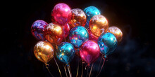 A Bunch Of Colorful Balloons With A Black Background And With Confetti .
 
