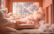 Room with orange, Peach Fuzz color of clouds with beige sofa and window sky.