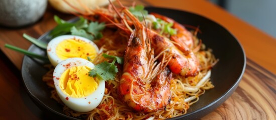 Wall Mural - Delicious shrimp and egg noodles garnished with nutritious parsley in a white bowl