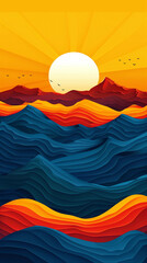 Wall Mural - Abstract illustration of the sun setting over the mountains and sea