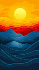 Wall Mural - Abstract illustration of the sun setting over the mountains and sea