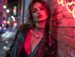 High fashion model on a gritty city street striking pose with dramatic lighting and makeup