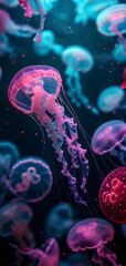 Wall Mural - glowing sea jellyfishes on dark background, neural network generated image
