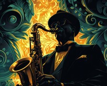 Jazz Musician Canary New Orleans Club Midnight Saxophone Art Deco Jazz Gold Roaring Twenties Spotlight A Solo Performance