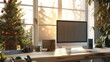 Computer monitor with blank screen on wooden desk in contemporary minimalist home office with outside the window. Generative AI.