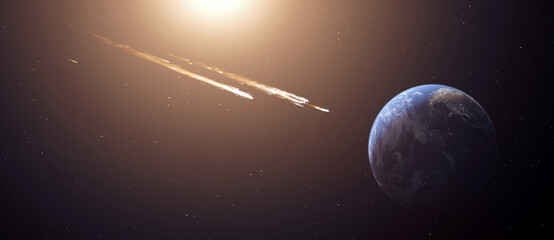 Wall Mural - comet, asteroid, meteorite flying to the planet earth. glowing asteroid and tail of a falling comet 