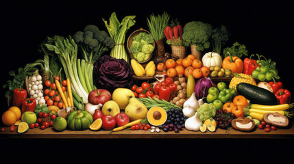 Wall Mural - fruits and vegetables displayed on shelf with black background