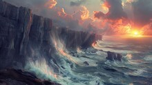 Rugged Coastlines With Dramatic Cliffs And Waves Crashing Against The Rocks At Sunset