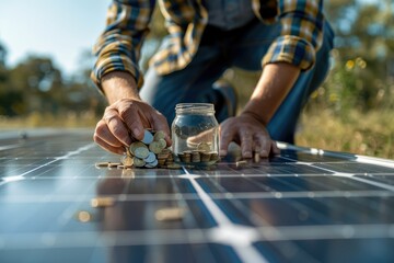 Aufkleber - Close-up of a man hand with money in a glass jar and coins on solar panels. Generative AI.