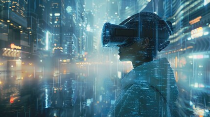 Poster - Digital illustration of a user's metaverse presence, navigating through a futuristic virtual reality landscape, where digital technology and cyber world elements merge. Generative AI.