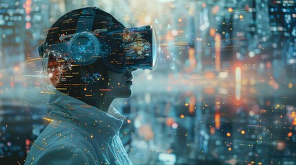 Poster - Digital illustration of a user's metaverse presence, navigating through a futuristic virtual reality landscape, where digital technology and cyber world elements merge. Generative AI.