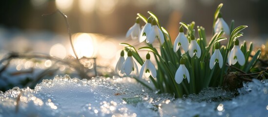 Canvas Print - Beautiful snowdrops blooming in the pristine white snow during winter season