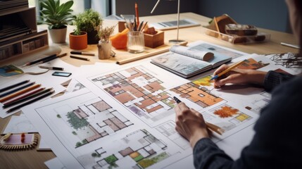 Poster - An architect, an interior designer works at a table with a house, apartment project, chooses materials, colors for furniture, walls, floor and ceiling.