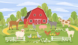 Fototapeta Pokój dzieciecy - Cute cartoon animals. Farm animals with landscape - horse, cow, donkey, pig, sheep, goat, rooster, chicken, duck,  dog, cat. Vector illustration