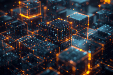 Wall Mural - futuristic cubes connected with glowing lines, blockchain abstract bakcgkround (6)