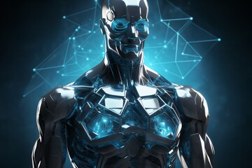 a robot with a human body skeleton made of liquid metal and glass and a frame standing on an abstract background, cybernetics, computer rendering